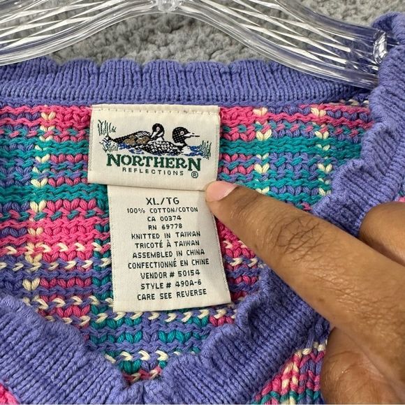 VTG Rainbow Reflections Plaid Floral V-Neck Sweater Womens Xl PreOwned - Picture 4 of 10